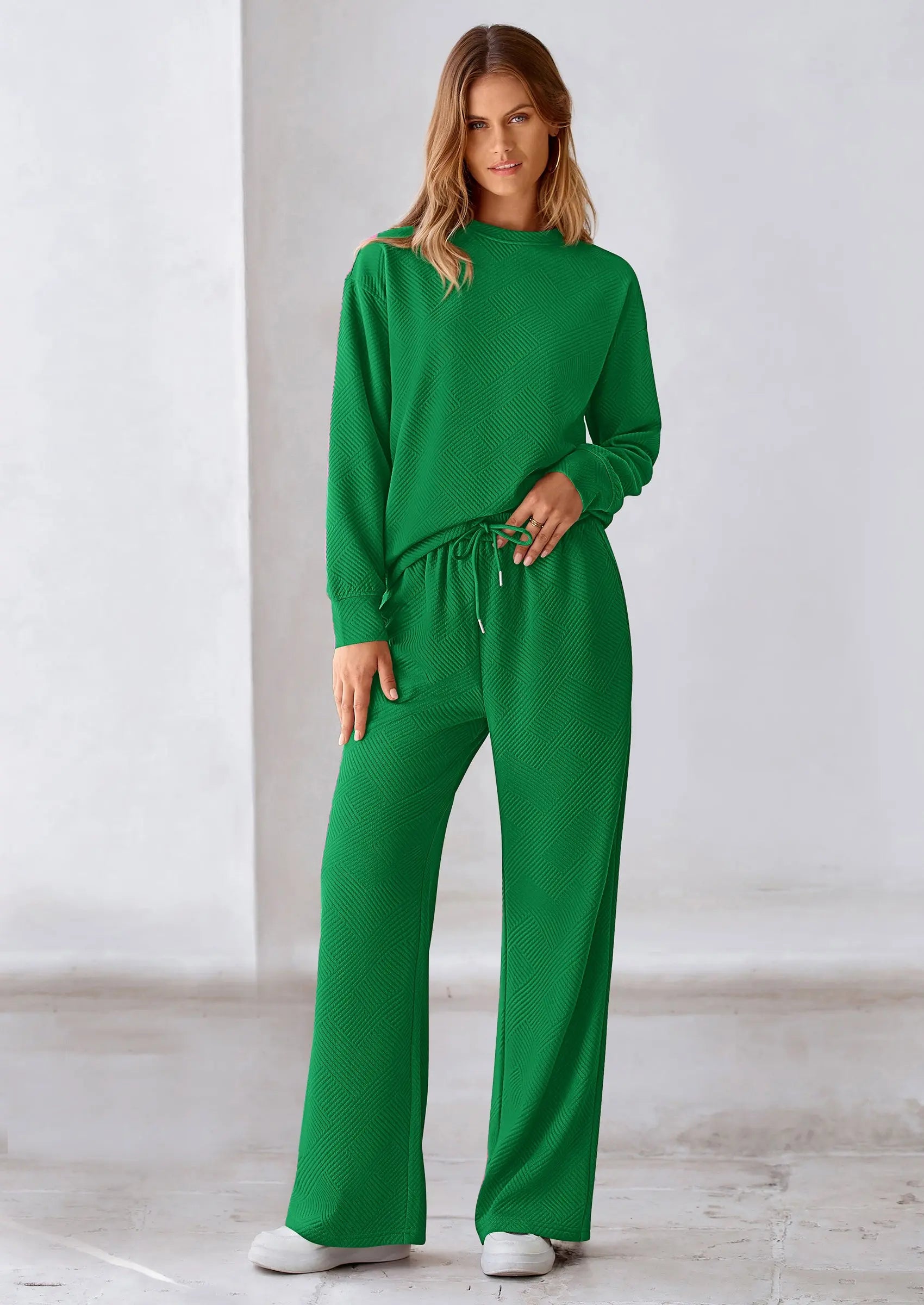 PRETTYGARDEN 2 Piece Long Sleeve Pullover Tops and Wide Leg Pants Knitted Lounge Sets PRETTYGARDEN
