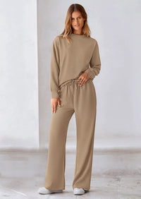 PRETTYGARDEN 2 Piece Long Sleeve Pullover Tops and Wide Leg Pants Knitted Lounge Sets PRETTYGARDEN
