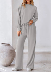 PRETTYGARDEN 2 Piece Long Sleeve Pullover Tops and Wide Leg Pants Knitted Lounge Sets PRETTYGARDEN