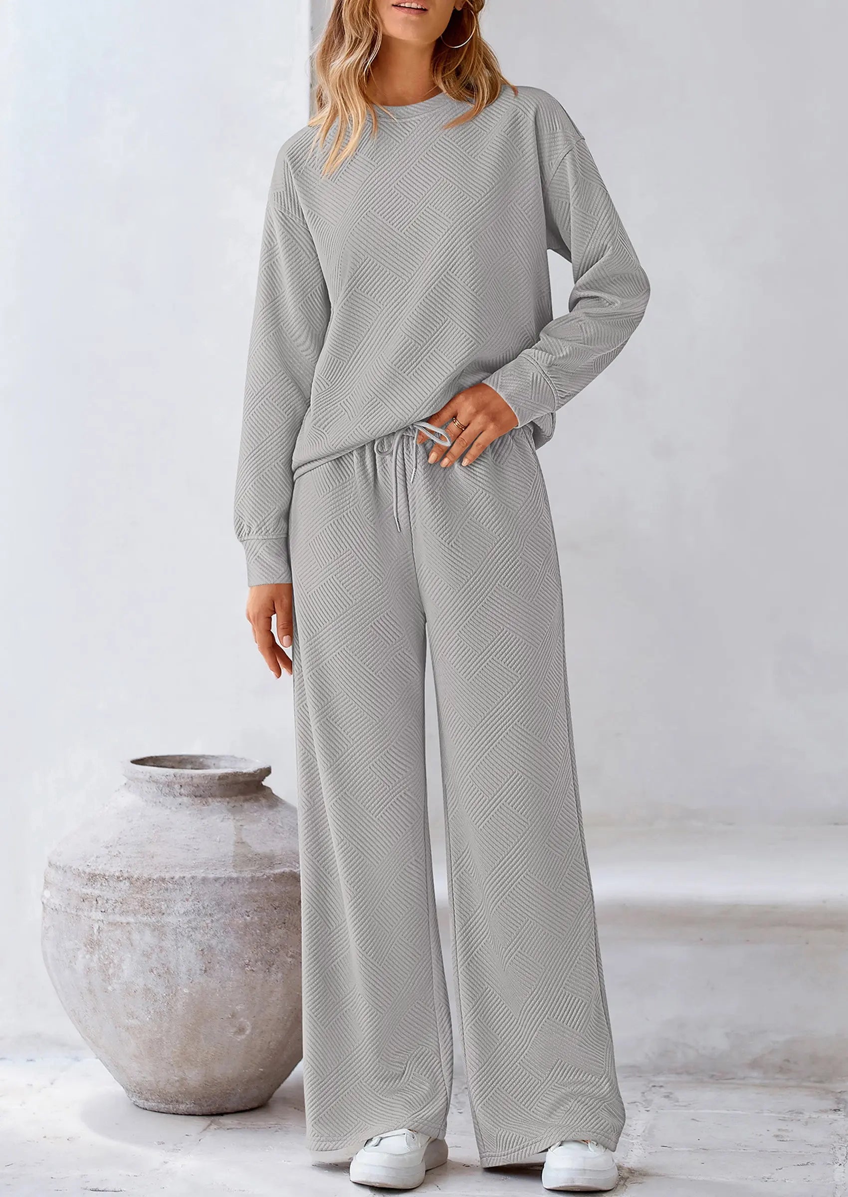 PRETTYGARDEN 2 Piece Long Sleeve Pullover Tops and Wide Leg Pants Knitted Lounge Sets PRETTYGARDEN