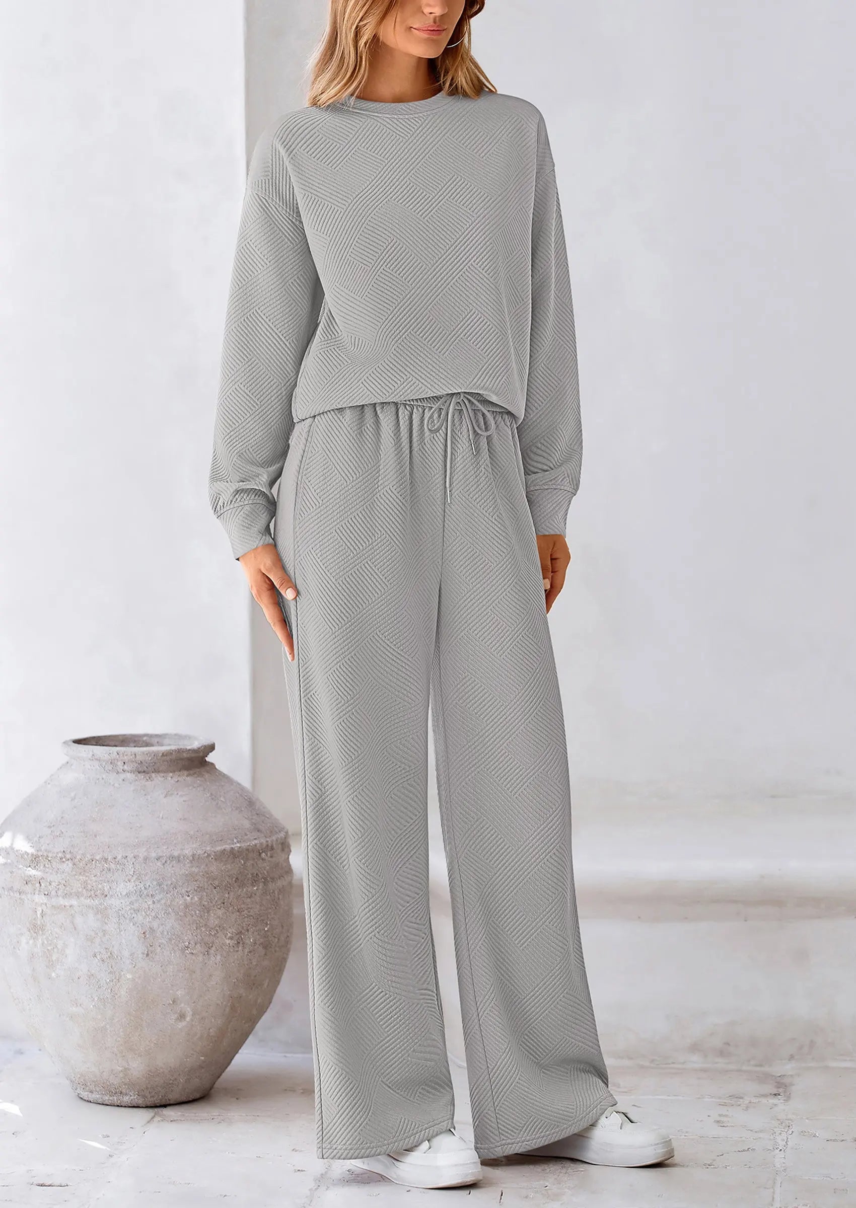 PRETTYGARDEN 2 Piece Long Sleeve Pullover Tops and Wide Leg Pants Knitted Lounge Sets PRETTYGARDEN