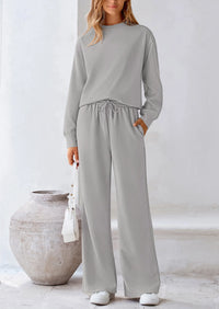PRETTYGARDEN 2 Piece Long Sleeve Pullover Tops and Wide Leg Pants Knitted Lounge Sets PRETTYGARDEN