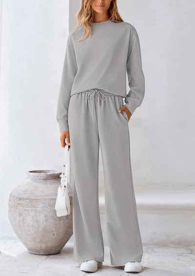PRETTYGARDEN 2 Piece Long Sleeve Pullover Tops and Wide Leg Pants Knitted Lounge Sets PRETTYGARDEN
