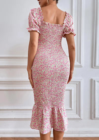 PRETTYGARDEN Bodycon Midi Dresses Summer Floral Puff Sleeve Mermaid Cocktail Baby Shower Photoshoot Maternity Dress PRETTYGARDEN