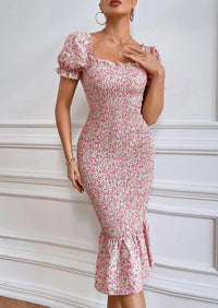 PRETTYGARDEN Bodycon Midi Dresses Summer Floral Puff Sleeve Mermaid Cocktail Baby Shower Photoshoot Maternity Dress PRETTYGARDEN