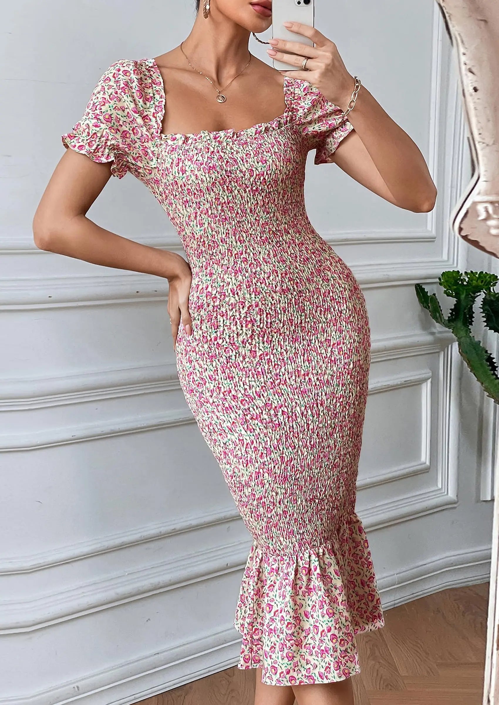 PRETTYGARDEN Bodycon Midi Dresses Summer Floral Puff Sleeve Mermaid Cocktail Baby Shower Photoshoot Maternity Dress PRETTYGARDEN