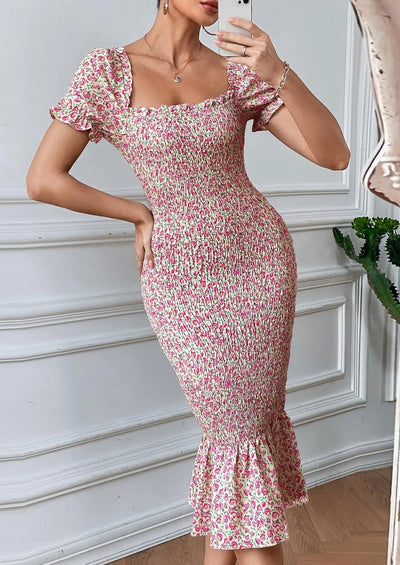 PRETTYGARDEN Bodycon Midi Dresses Summer Floral Puff Sleeve Mermaid Cocktail Baby Shower Photoshoot Maternity Dress PRETTYGARDEN
