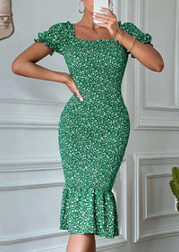 PRETTYGARDEN Bodycon Midi Dresses Summer Floral Puff Sleeve Mermaid Cocktail Baby Shower Photoshoot Maternity Dress PRETTYGARDEN