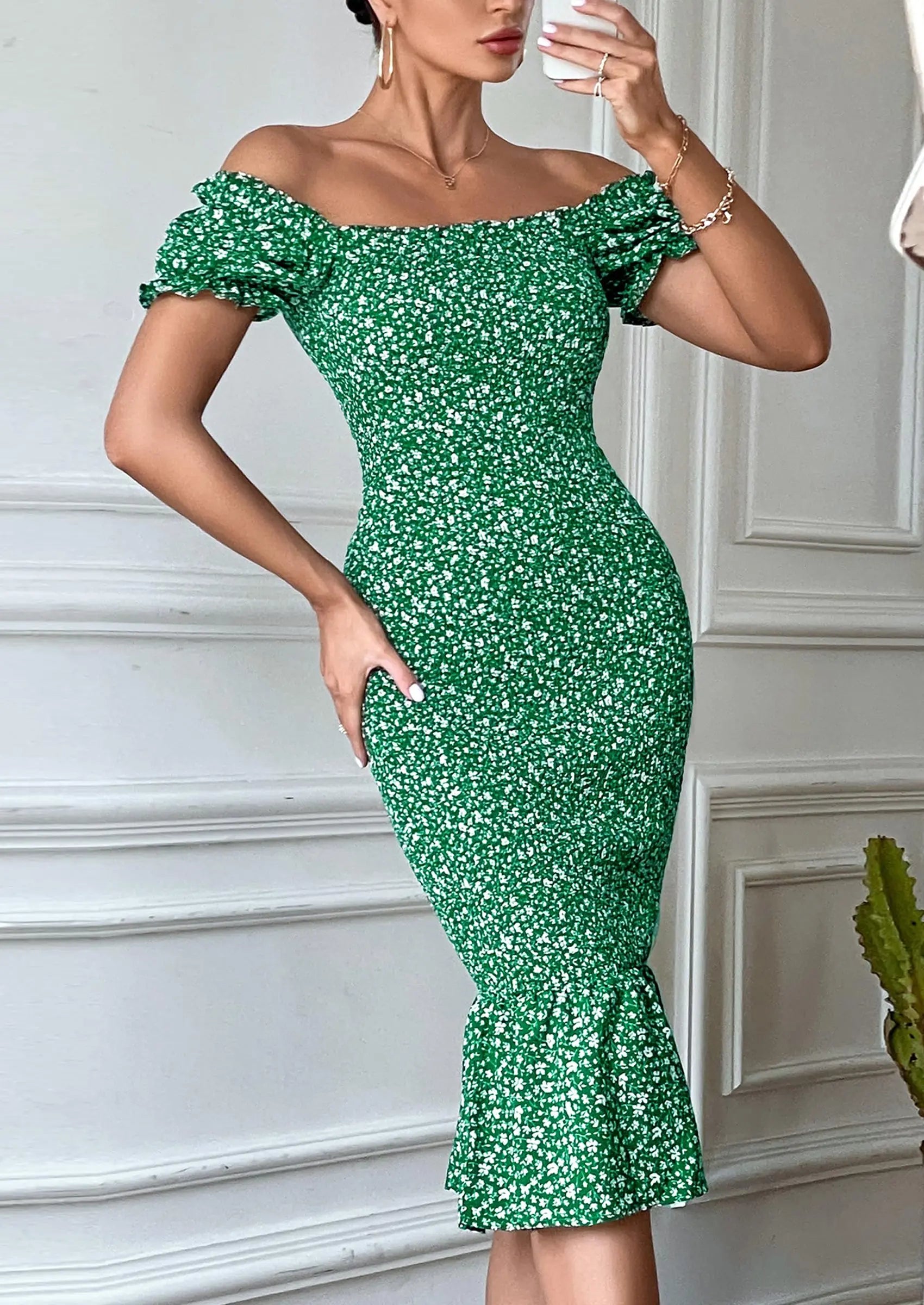PRETTYGARDEN Bodycon Midi Dresses Summer Floral Puff Sleeve Mermaid Cocktail Baby Shower Photoshoot Maternity Dress PRETTYGARDEN