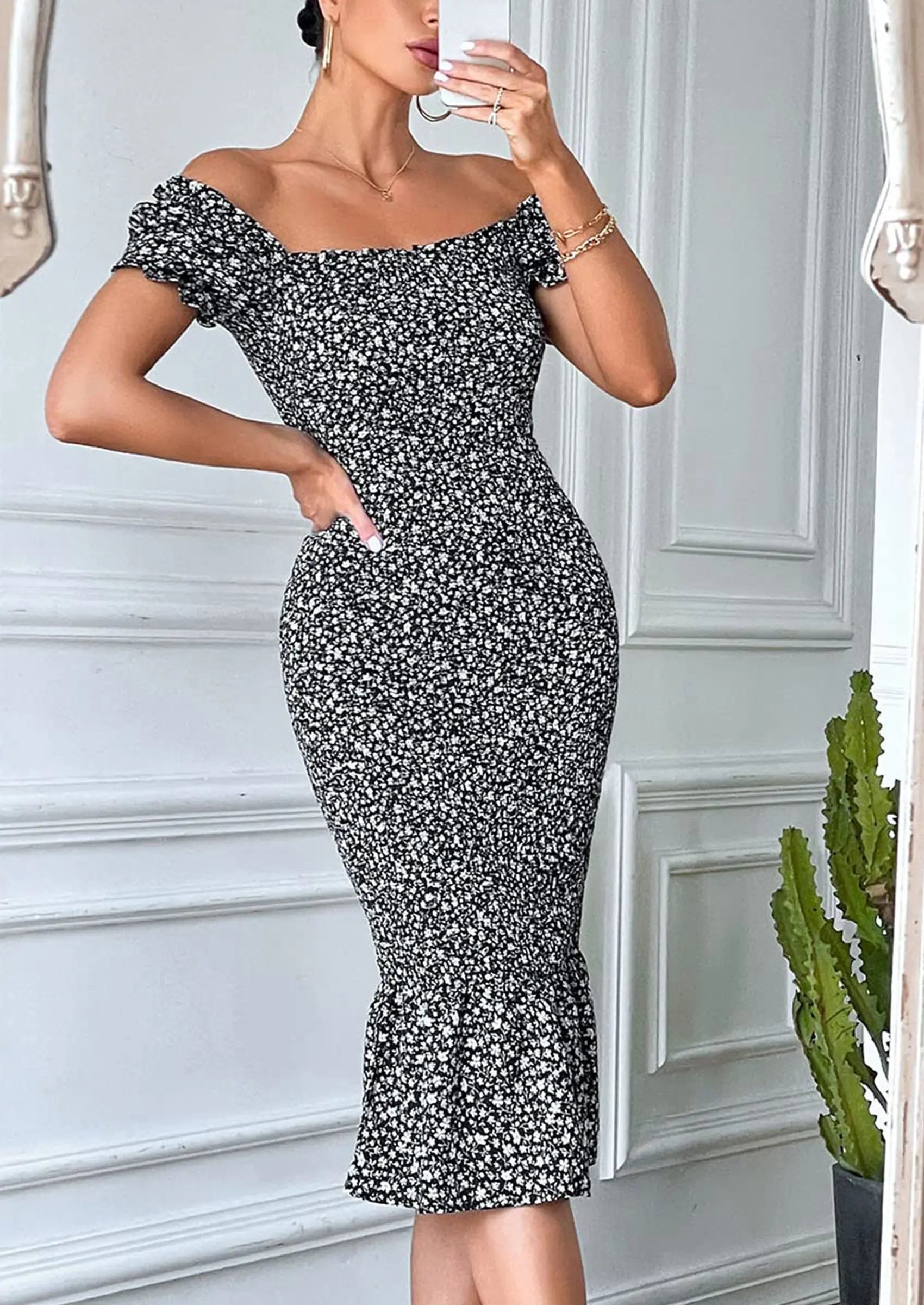 PRETTYGARDEN Bodycon Midi Dresses Summer Floral Puff Sleeve Mermaid Cocktail Baby Shower Photoshoot Maternity Dress PRETTYGARDEN
