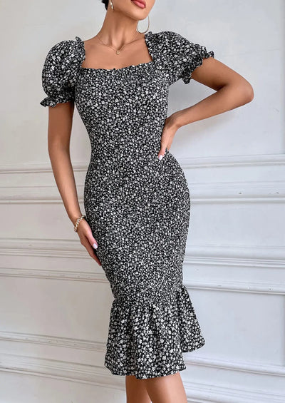 PRETTYGARDEN Bodycon Midi Dresses Summer Floral Puff Sleeve Mermaid Cocktail Baby Shower Photoshoot Maternity Dress PRETTYGARDEN