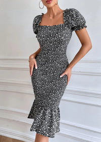 PRETTYGARDEN Bodycon Midi Dresses Summer Floral Puff Sleeve Mermaid Cocktail Baby Shower Photoshoot Maternity Dress PRETTYGARDEN