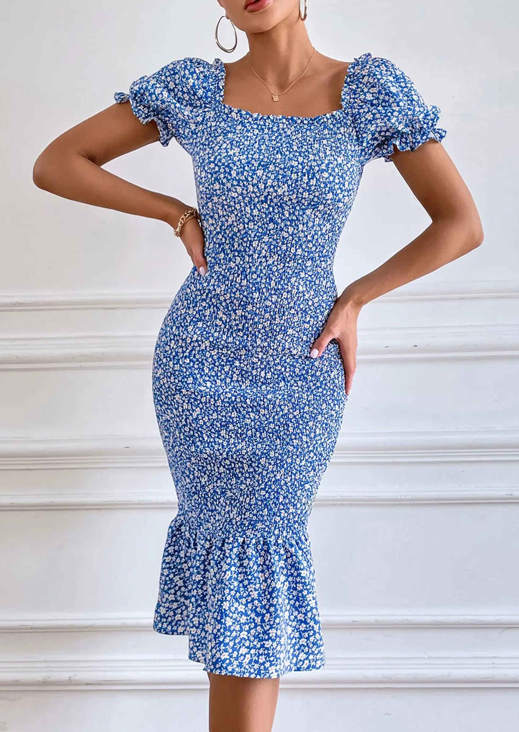 PRETTYGARDEN Bodycon Midi Dresses Summer Floral Puff Sleeve Mermaid Cocktail Baby Shower Photoshoot Maternity Dress PRETTYGARDEN