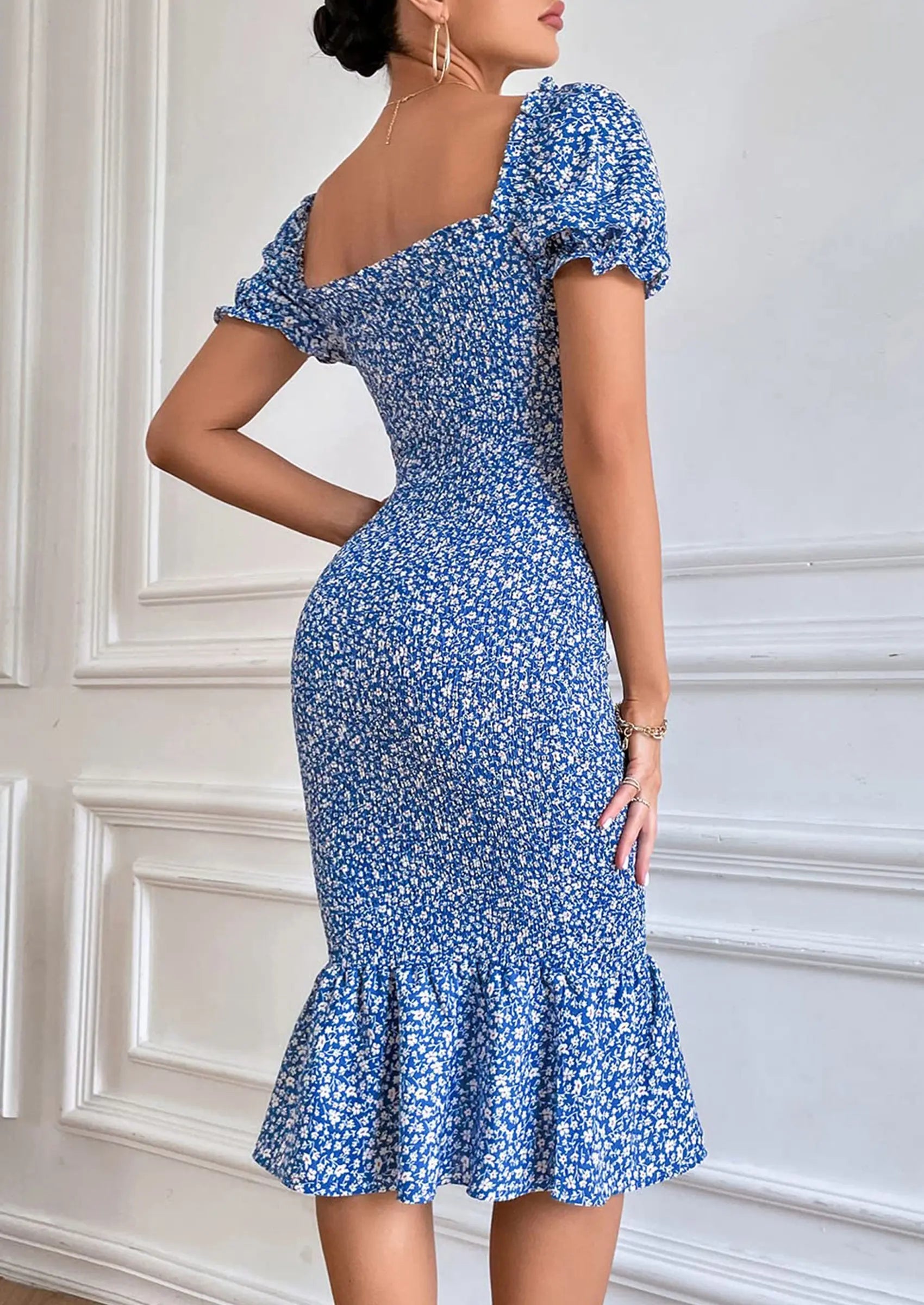 PRETTYGARDEN Bodycon Midi Dresses Summer Floral Puff Sleeve Mermaid Cocktail Baby Shower Photoshoot Maternity Dress PRETTYGARDEN