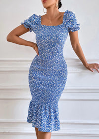 PRETTYGARDEN Bodycon Midi Dresses Summer Floral Puff Sleeve Mermaid Cocktail Baby Shower Photoshoot Maternity Dress PRETTYGARDEN