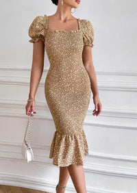 PRETTYGARDEN Bodycon Midi Dresses Summer Floral Puff Sleeve Mermaid Cocktail Baby Shower Photoshoot Maternity Dress PRETTYGARDEN