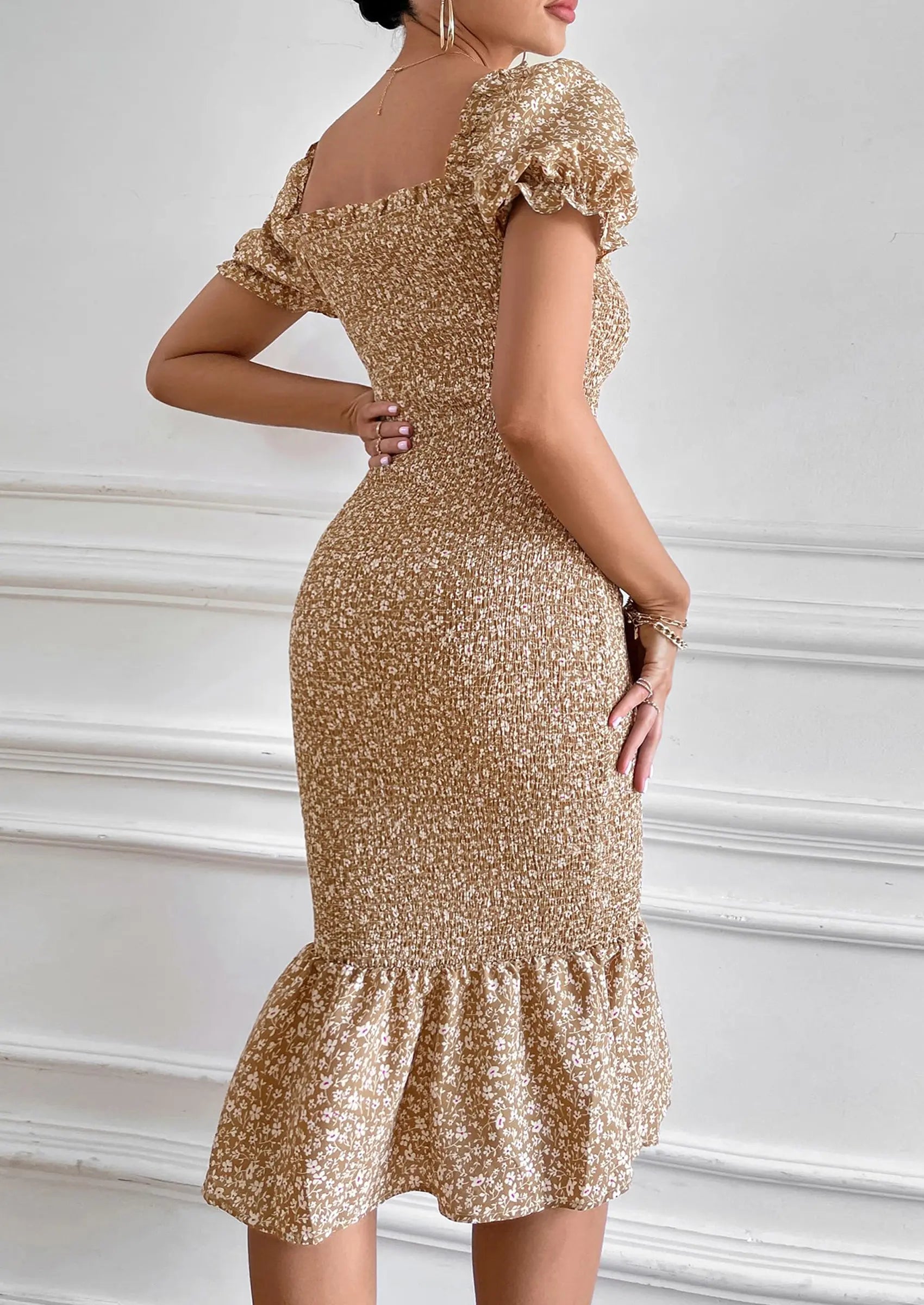 PRETTYGARDEN Bodycon Midi Dresses Summer Floral Puff Sleeve Mermaid Cocktail Baby Shower Photoshoot Maternity Dress PRETTYGARDEN