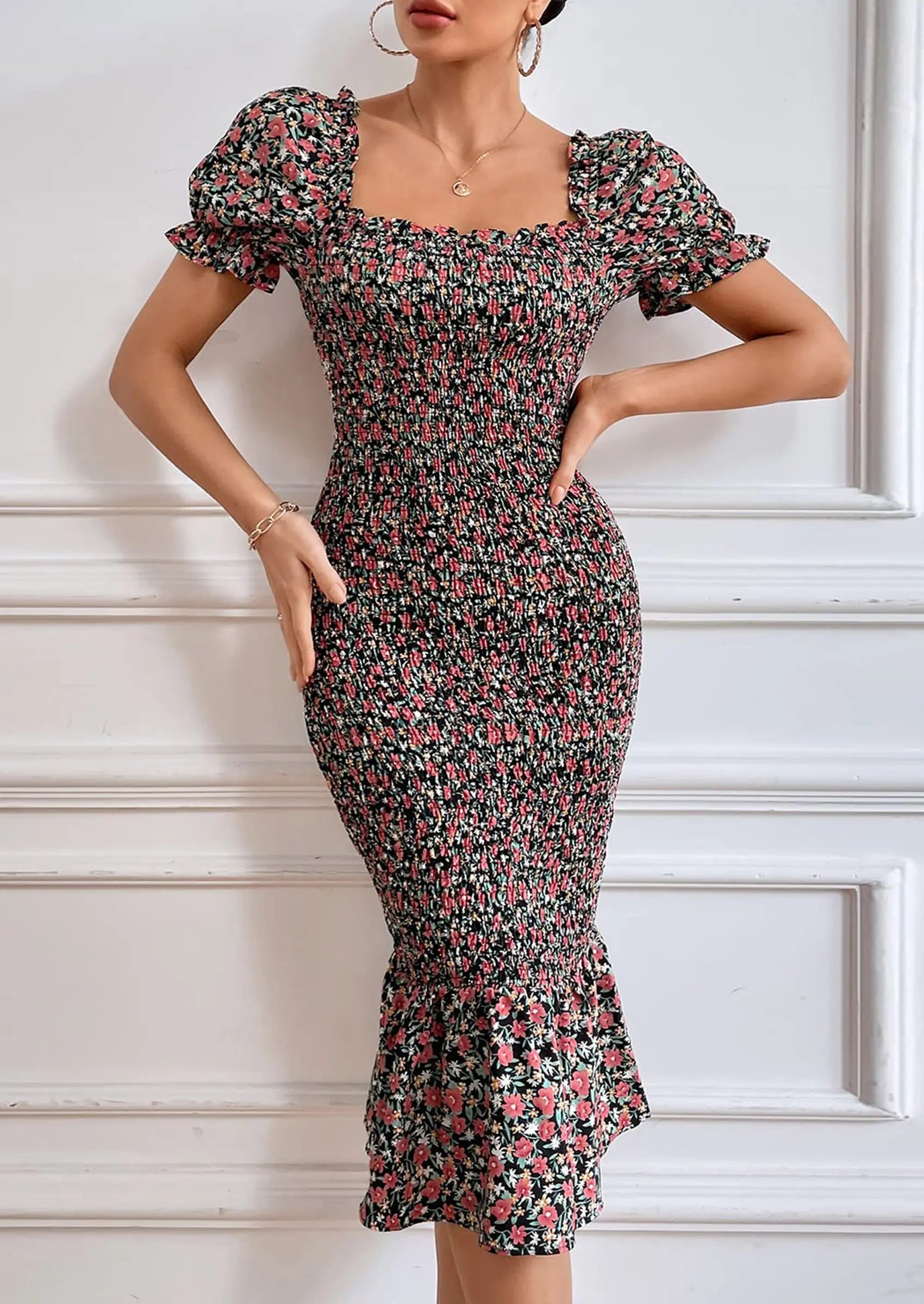 PRETTYGARDEN Bodycon Midi Dresses Summer Floral Puff Sleeve Mermaid Cocktail Baby Shower Photoshoot Maternity Dress PRETTYGARDEN