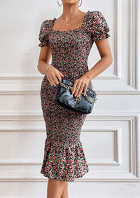 PRETTYGARDEN Bodycon Midi Dresses Summer Floral Puff Sleeve Mermaid Cocktail Baby Shower Photoshoot Maternity Dress PRETTYGARDEN