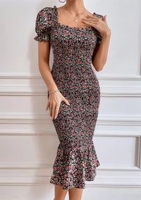 PRETTYGARDEN Bodycon Midi Dresses Summer Floral Puff Sleeve Mermaid Cocktail Baby Shower Photoshoot Maternity Dress PRETTYGARDEN