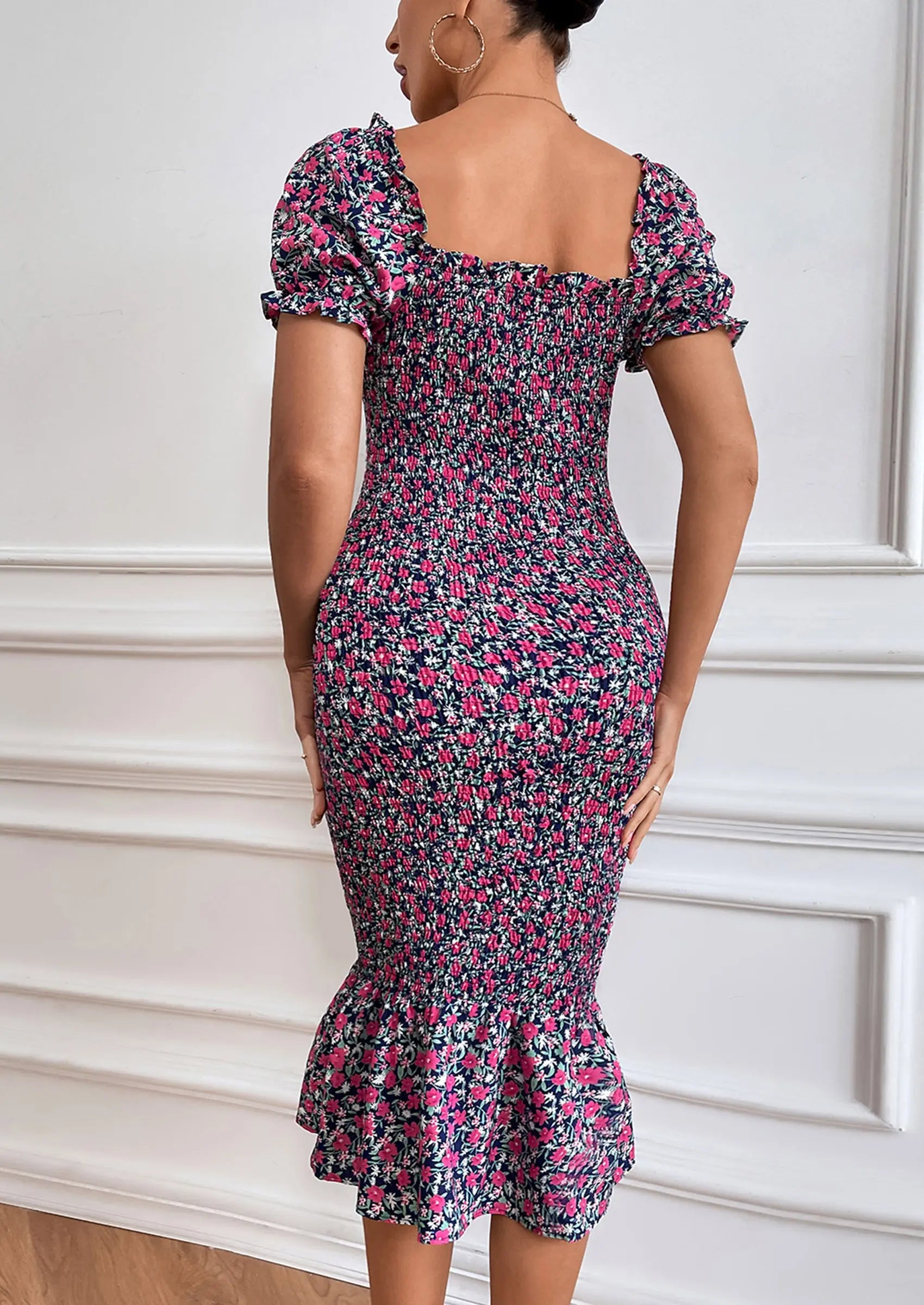 PRETTYGARDEN Bodycon Midi Dresses Summer Floral Puff Sleeve Mermaid Cocktail Baby Shower Photoshoot Maternity Dress PRETTYGARDEN