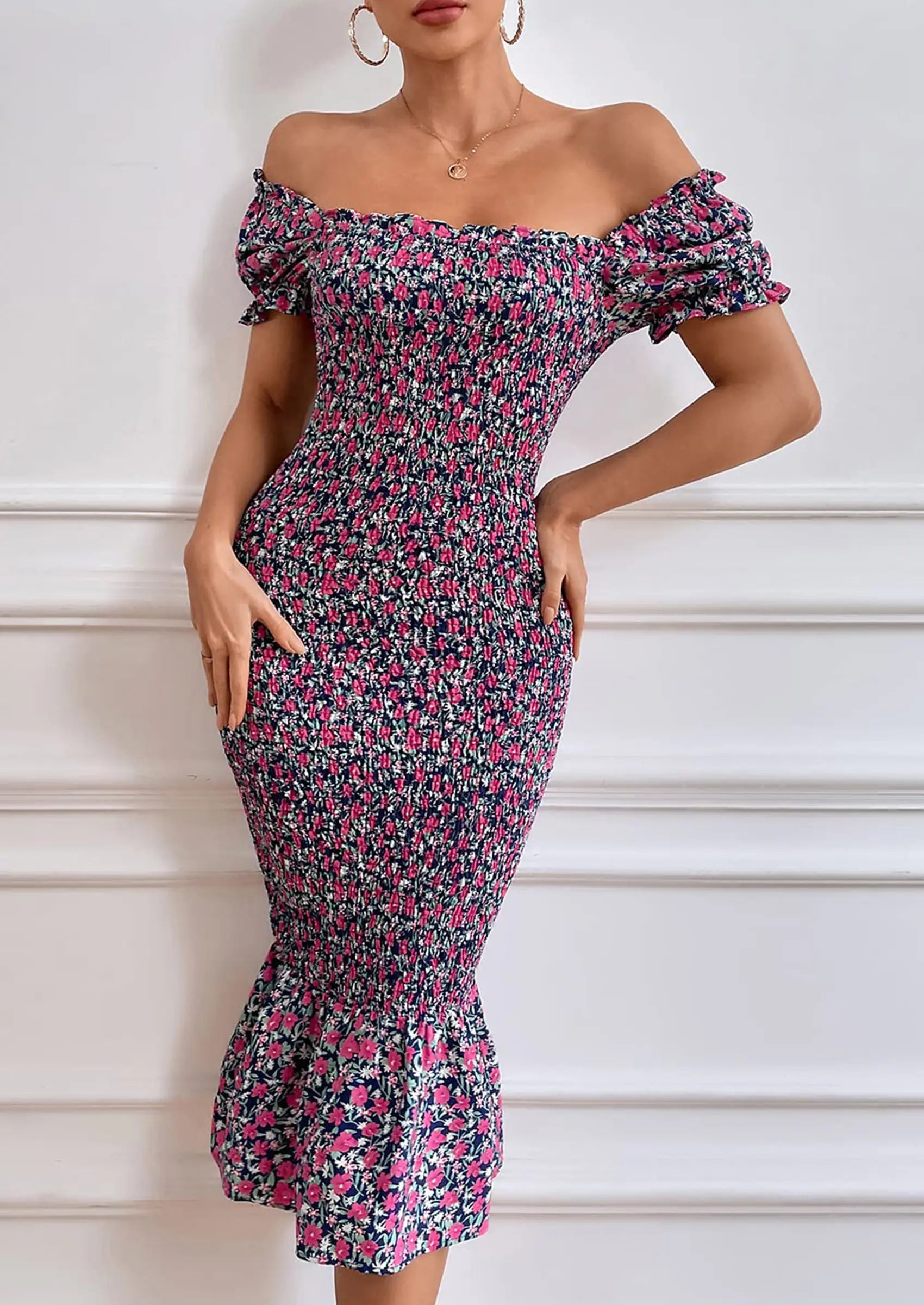 PRETTYGARDEN Bodycon Midi Dresses Summer Floral Puff Sleeve Mermaid Cocktail Baby Shower Photoshoot Maternity Dress PRETTYGARDEN