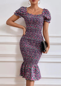 PRETTYGARDEN Bodycon Midi Dresses Summer Floral Puff Sleeve Mermaid Cocktail Baby Shower Photoshoot Maternity Dress PRETTYGARDEN