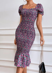 PRETTYGARDEN Bodycon Midi Dresses Summer Floral Puff Sleeve Mermaid Cocktail Baby Shower Photoshoot Maternity Dress PRETTYGARDEN