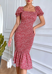 PRETTYGARDEN Bodycon Midi Dresses Summer Floral Puff Sleeve Mermaid Cocktail Baby Shower Photoshoot Maternity Dress PRETTYGARDEN