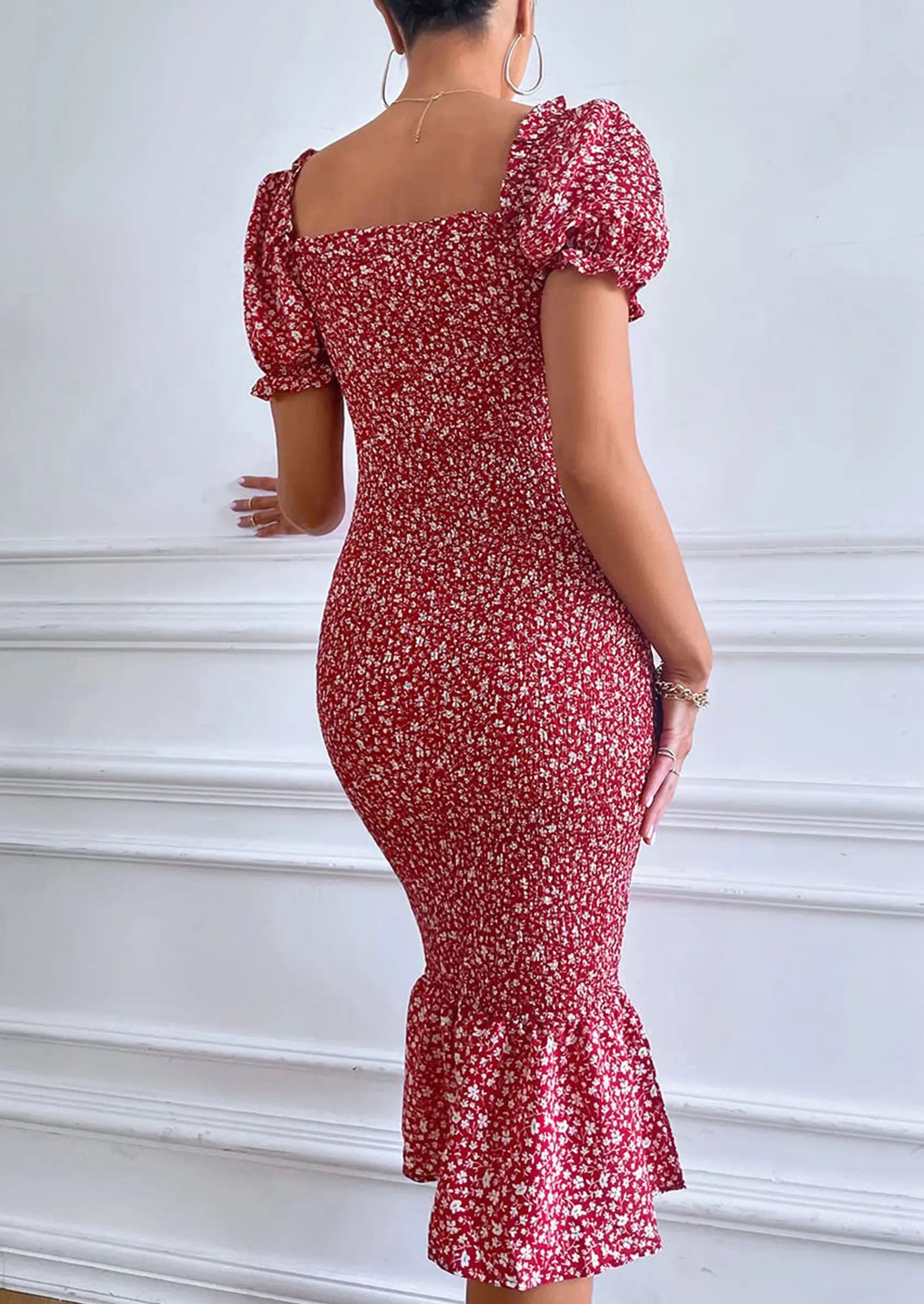 PRETTYGARDEN Bodycon Midi Dresses Summer Floral Puff Sleeve Mermaid Cocktail Baby Shower Photoshoot Maternity Dress PRETTYGARDEN