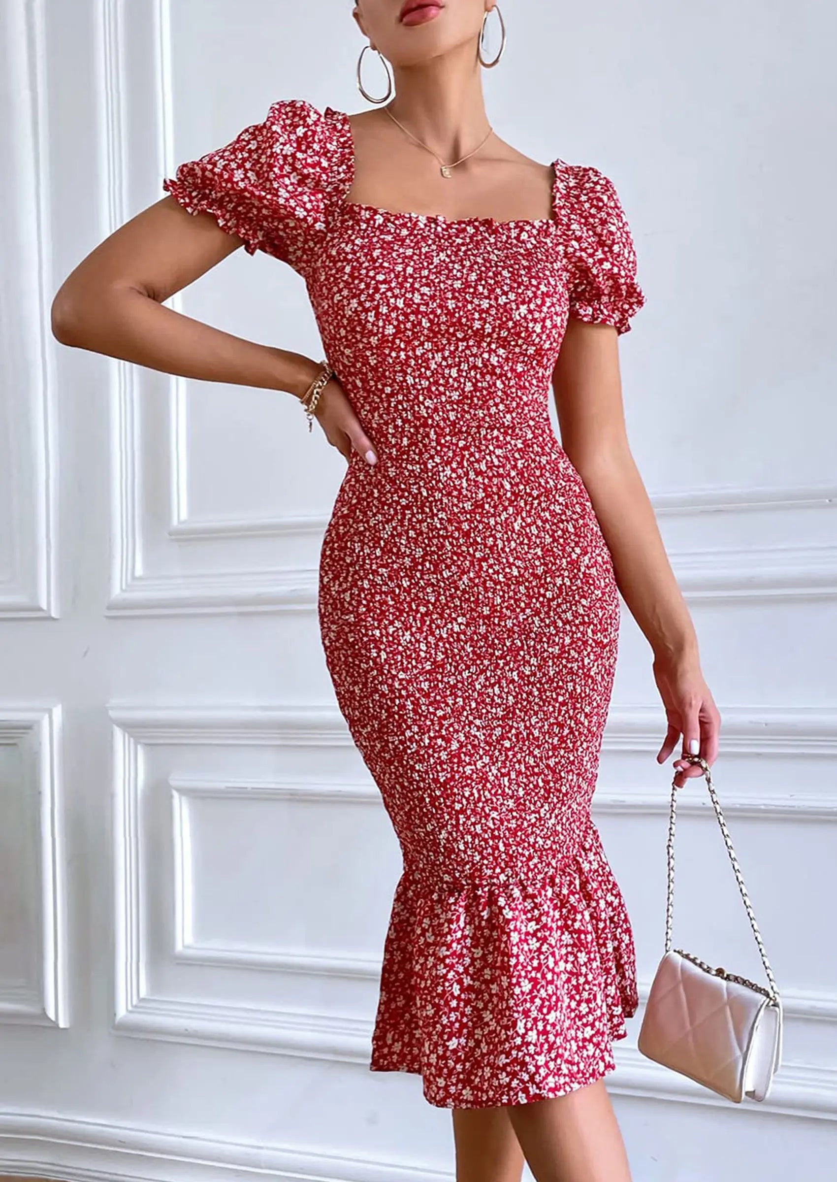 PRETTYGARDEN Bodycon Midi Dresses Summer Floral Puff Sleeve Mermaid Cocktail Baby Shower Photoshoot Maternity Dress PRETTYGARDEN