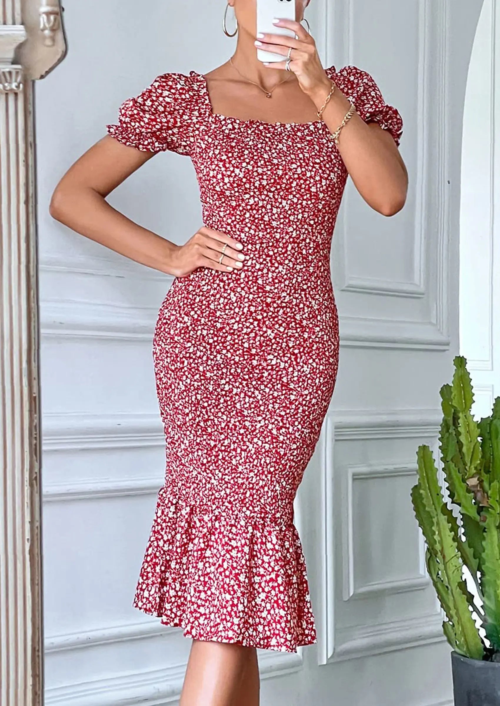 PRETTYGARDEN Bodycon Midi Dresses Summer Floral Puff Sleeve Mermaid Cocktail Baby Shower Photoshoot Maternity Dress PRETTYGARDEN