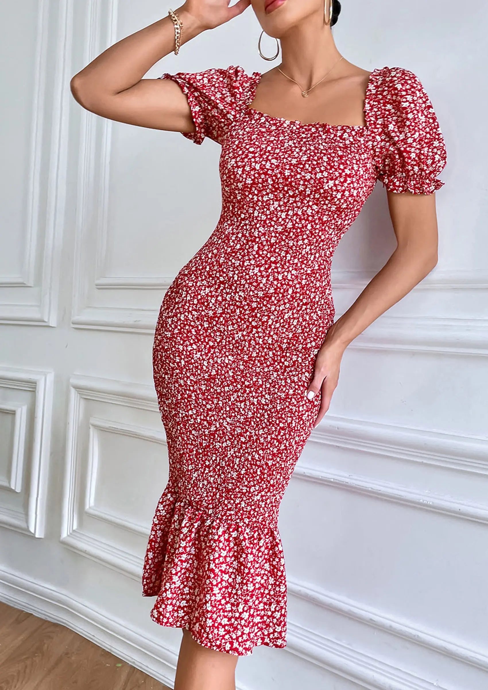 PRETTYGARDEN Bodycon Midi Dresses Summer Floral Puff Sleeve Mermaid Cocktail Baby Shower Photoshoot Maternity Dress PRETTYGARDEN