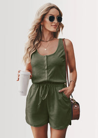 PRETTYGARDEN Casual Shorts Jumpsuit Plain Scoop Neck Button Down Sleeveless Tank Top Rompers PRETTYGARDEN
