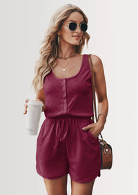 PRETTYGARDEN Casual Shorts Jumpsuit Plain Scoop Neck Button Down Sleeveless Tank Top Rompers PRETTYGARDEN