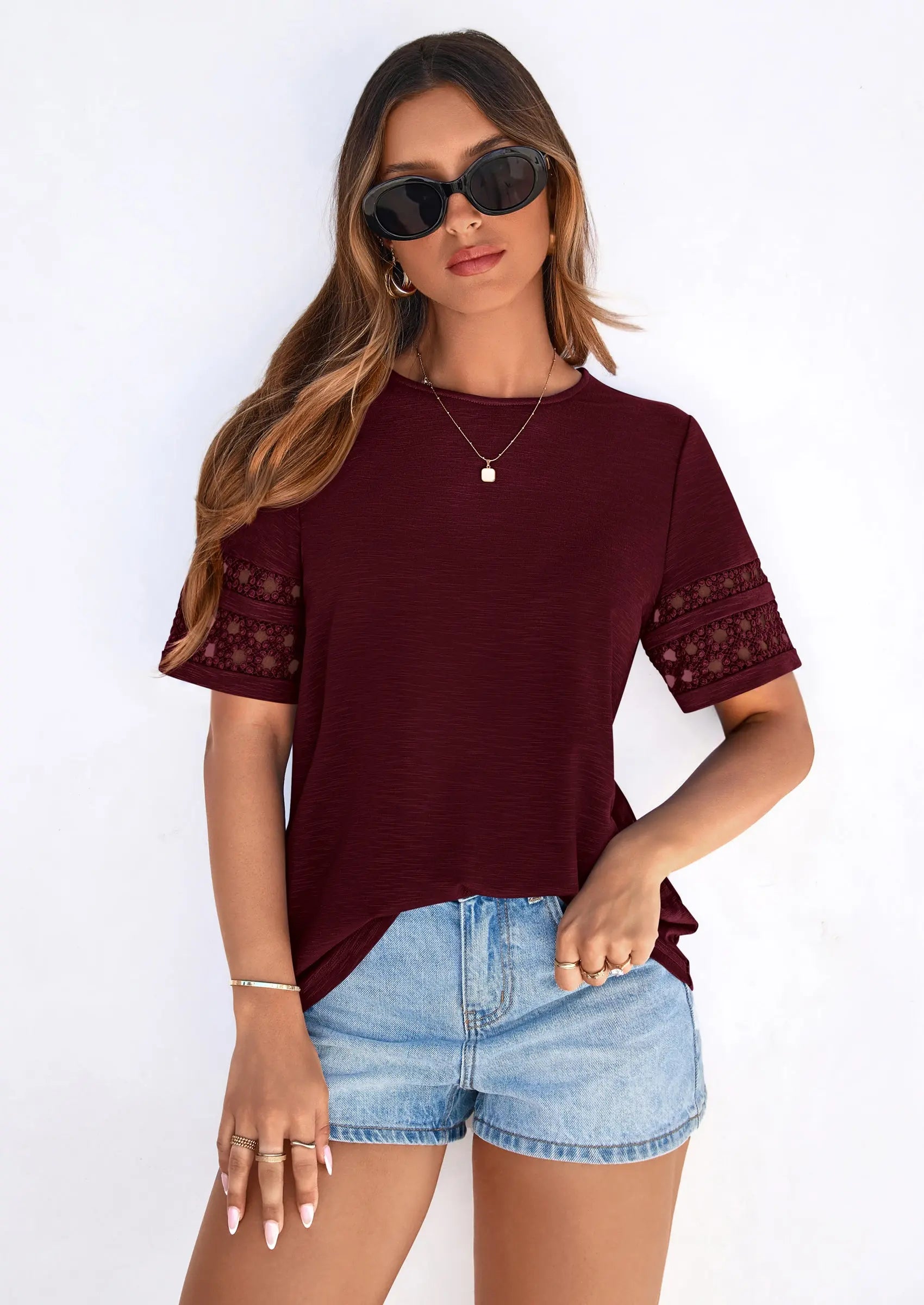 PRETTYGARDEN Summer Tops for Women Lace Short Sleeve T-Shirts Casual Blouses Spring Fashion Clothes Vacation Outfits PRETTYGARDEN
