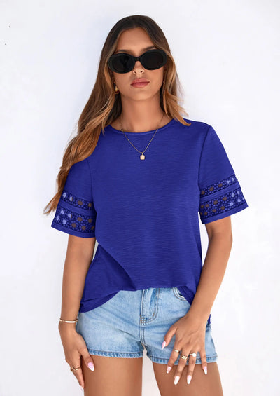 PRETTYGARDEN Summer Tops for Women Lace Short Sleeve T-Shirts Casual Blouses Spring Fashion Clothes Vacation Outfits PRETTYGARDEN