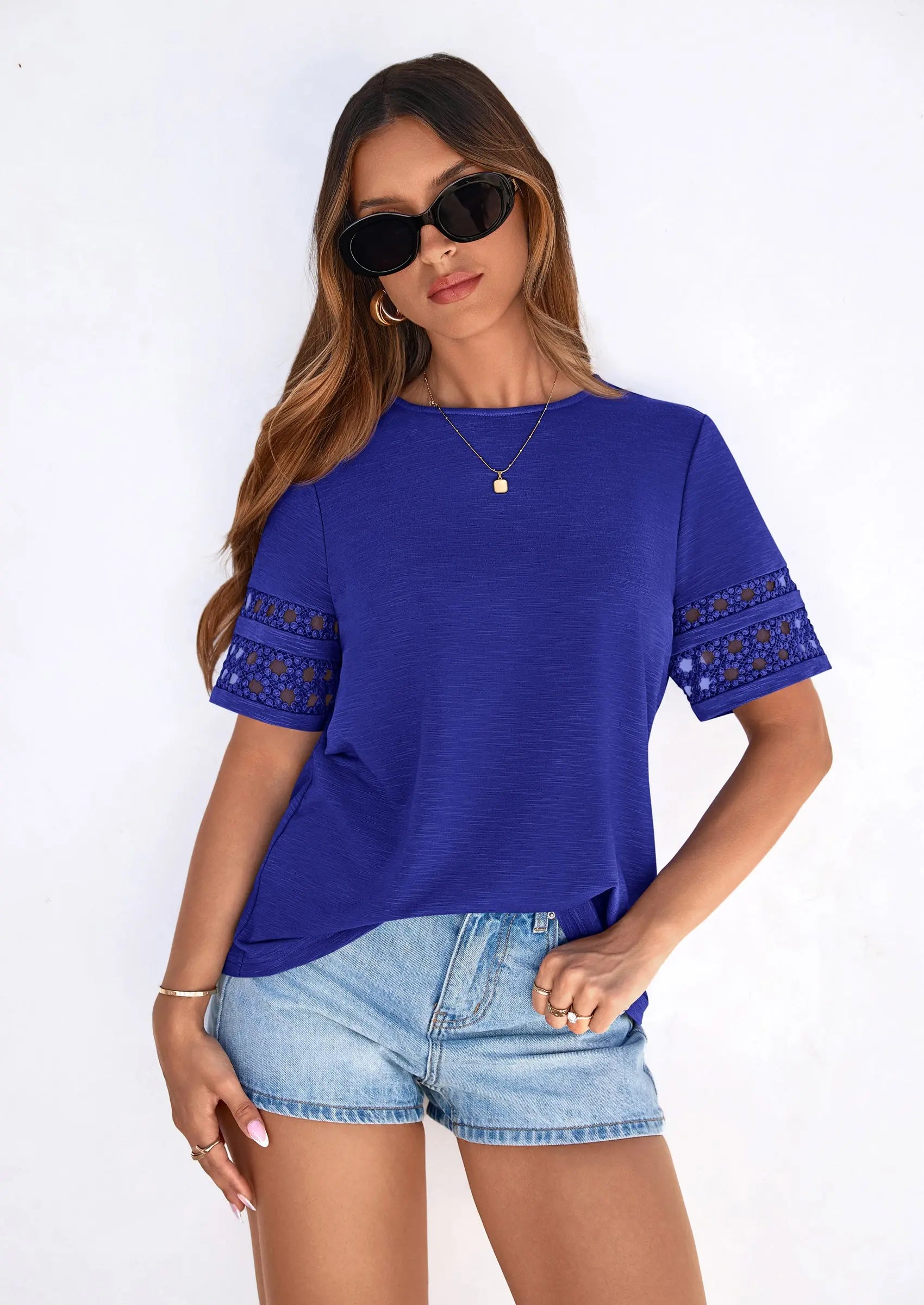 PRETTYGARDEN Summer Tops for Women Lace Short Sleeve T-Shirts Casual Blouses Spring Fashion Clothes Vacation Outfits PRETTYGARDEN