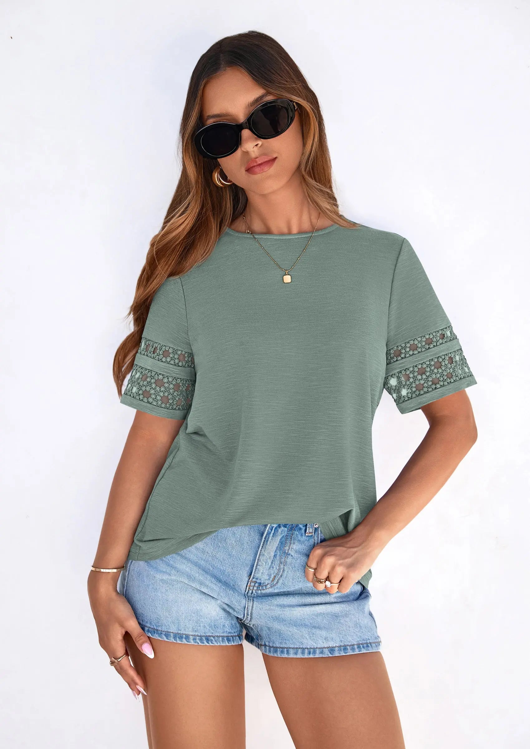 PRETTYGARDEN Summer Tops for Women Lace Short Sleeve T-Shirts Casual Blouses Spring Fashion Clothes Vacation Outfits PRETTYGARDEN