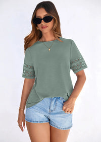 PRETTYGARDEN Summer Tops for Women Lace Short Sleeve T-Shirts Casual Blouses Spring Fashion Clothes Vacation Outfits PRETTYGARDEN