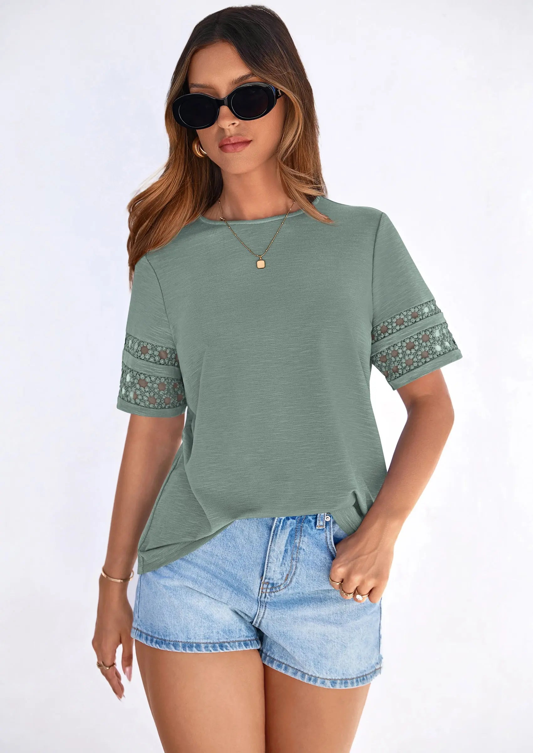 PRETTYGARDEN Summer Tops for Women Lace Short Sleeve T-Shirts Casual Blouses Spring Fashion Clothes Vacation Outfits PRETTYGARDEN
