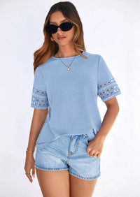 PRETTYGARDEN Summer Tops for Women Lace Short Sleeve T-Shirts Casual Blouses Spring Fashion Clothes Vacation Outfits PRETTYGARDEN