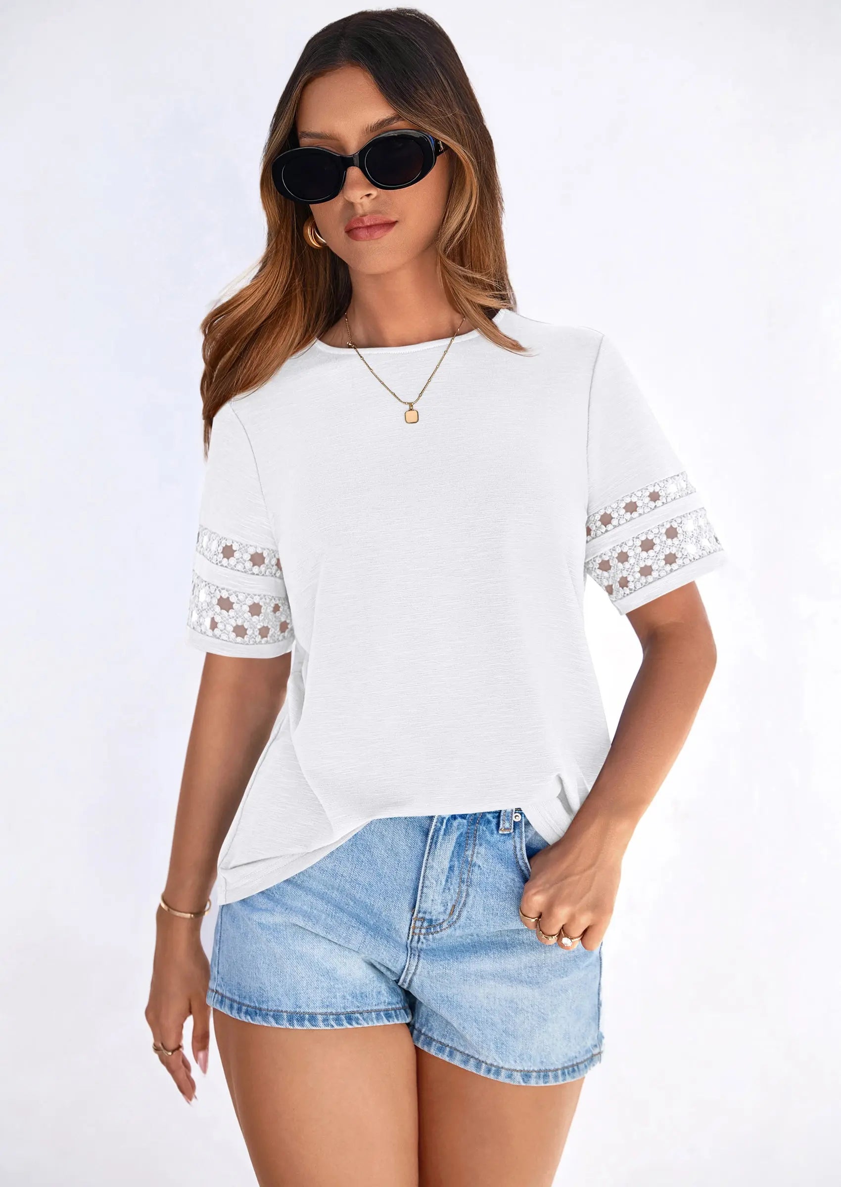 PRETTYGARDEN Summer Tops for Women Lace Short Sleeve T-Shirts Casual Blouses Spring Fashion Clothes Vacation Outfits PRETTYGARDEN