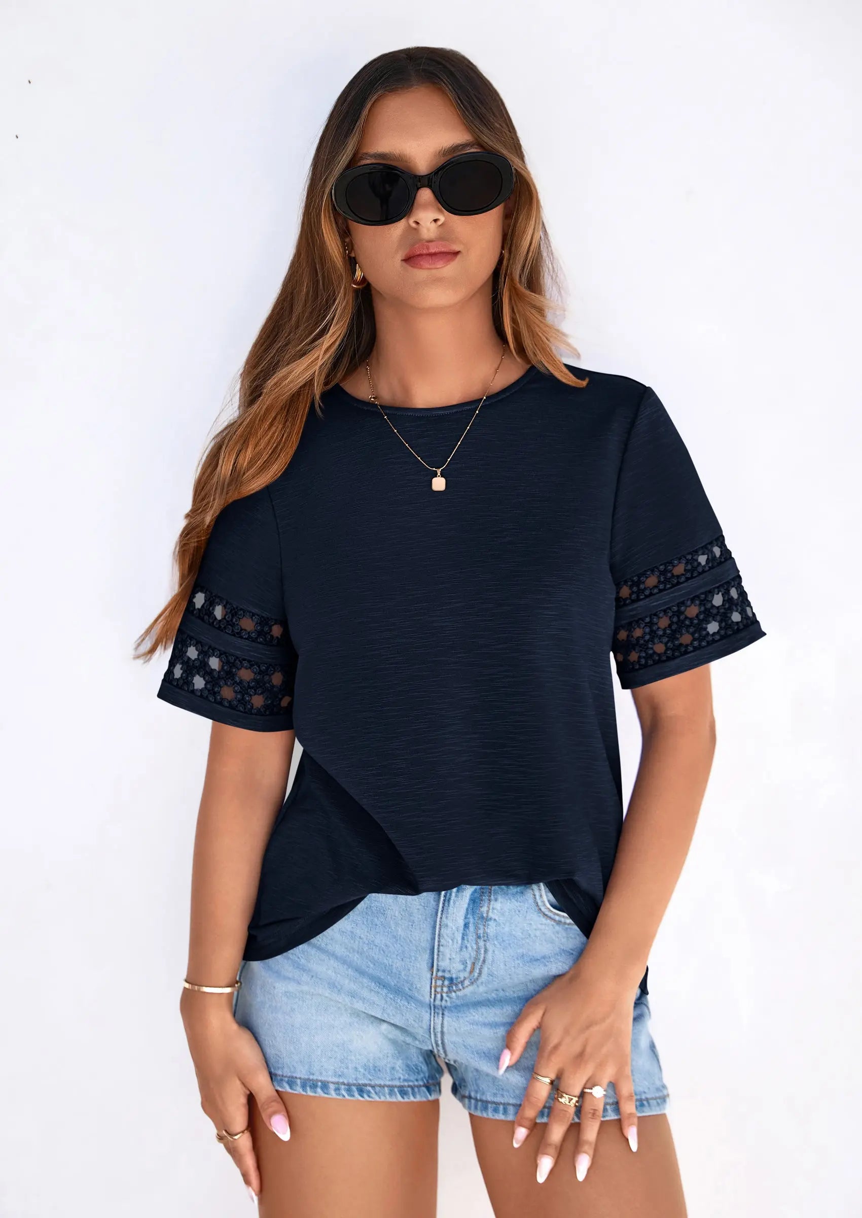 PRETTYGARDEN Summer Tops for Women Lace Short Sleeve T-Shirts Casual Blouses Spring Fashion Clothes Vacation Outfits PRETTYGARDEN