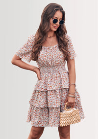 PRETTYGARDEN Women Floral Square Neck Short Sleeve Tiered Ruffle Boho Mini Dresses PRETTYGARDEN