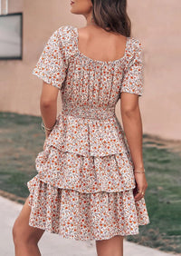 PRETTYGARDEN Women Floral Square Neck Short Sleeve Tiered Ruffle Boho Mini Dresses PRETTYGARDEN