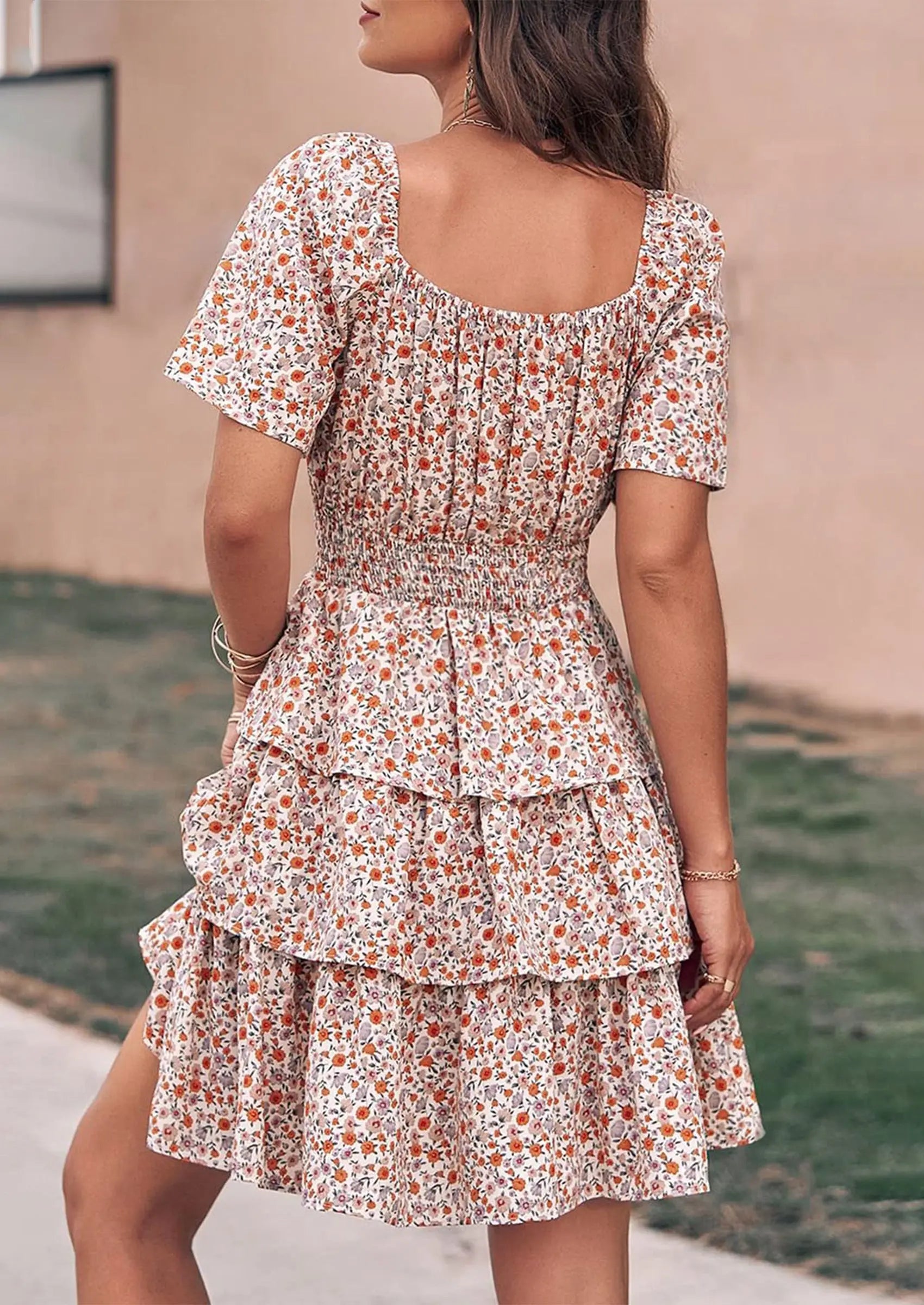 PRETTYGARDEN Women Floral Square Neck Short Sleeve Tiered Ruffle Boho Mini Dresses PRETTYGARDEN