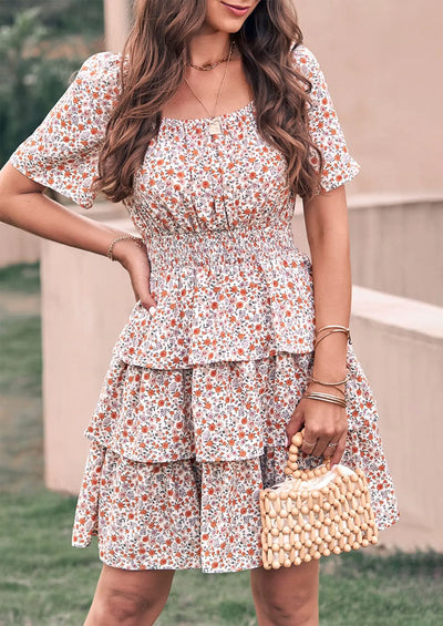 PRETTYGARDEN Women Floral Square Neck Short Sleeve Tiered Ruffle Boho Mini Dresses PRETTYGARDEN