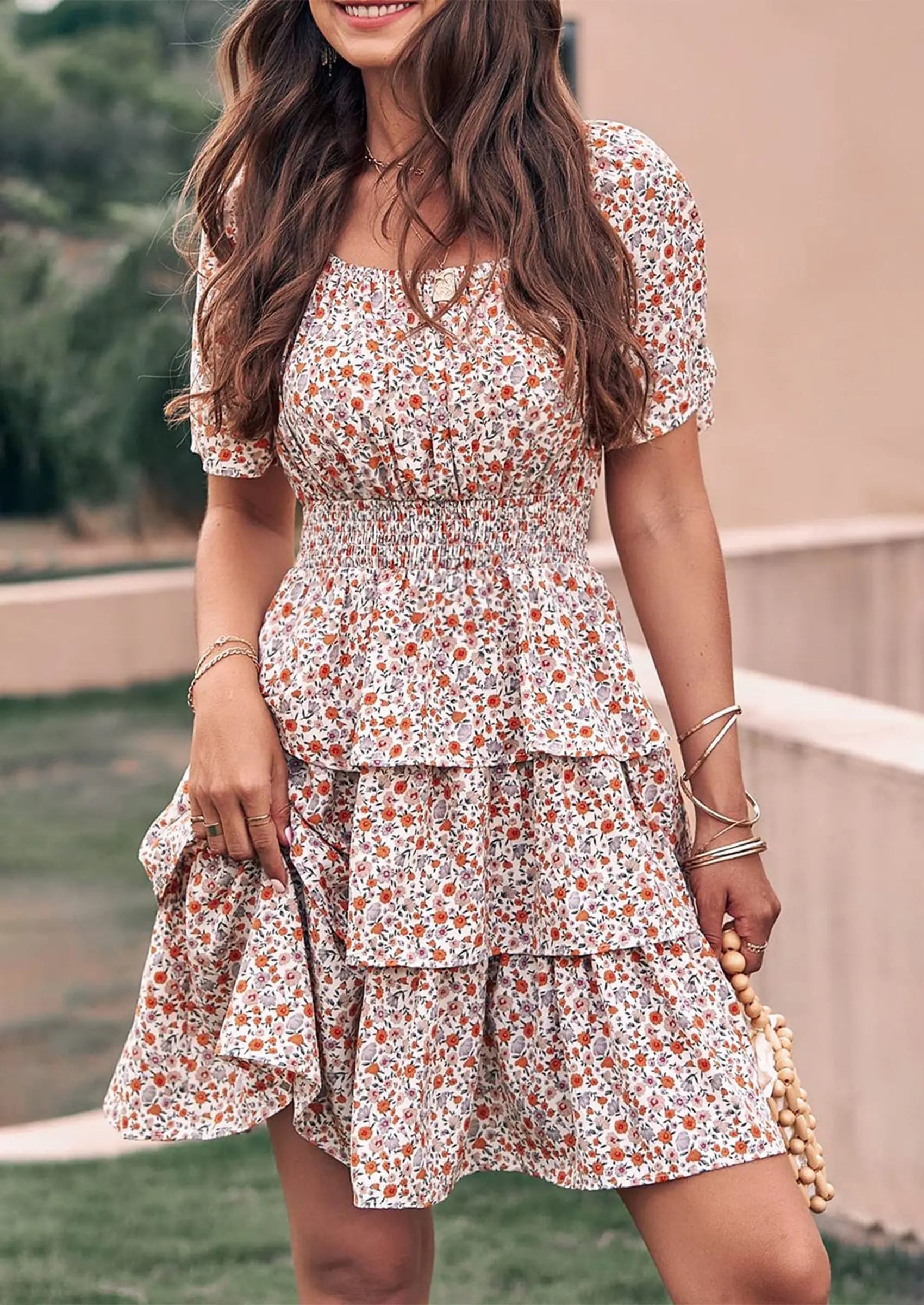 PRETTYGARDEN Women Floral Square Neck Short Sleeve Tiered Ruffle Boho Mini Dresses PRETTYGARDEN