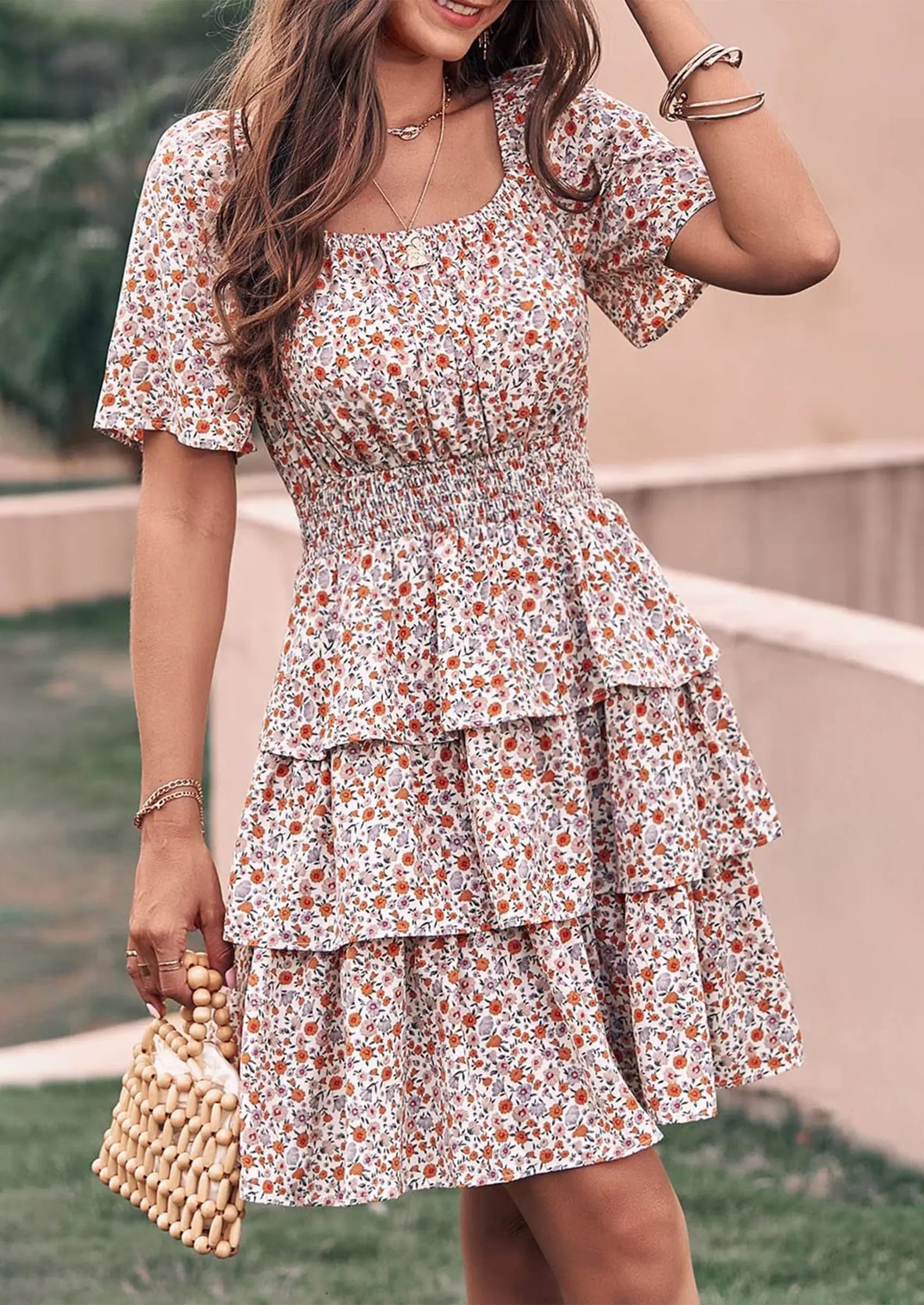 PRETTYGARDEN Women Floral Square Neck Short Sleeve Tiered Ruffle Boho Mini Dresses PRETTYGARDEN